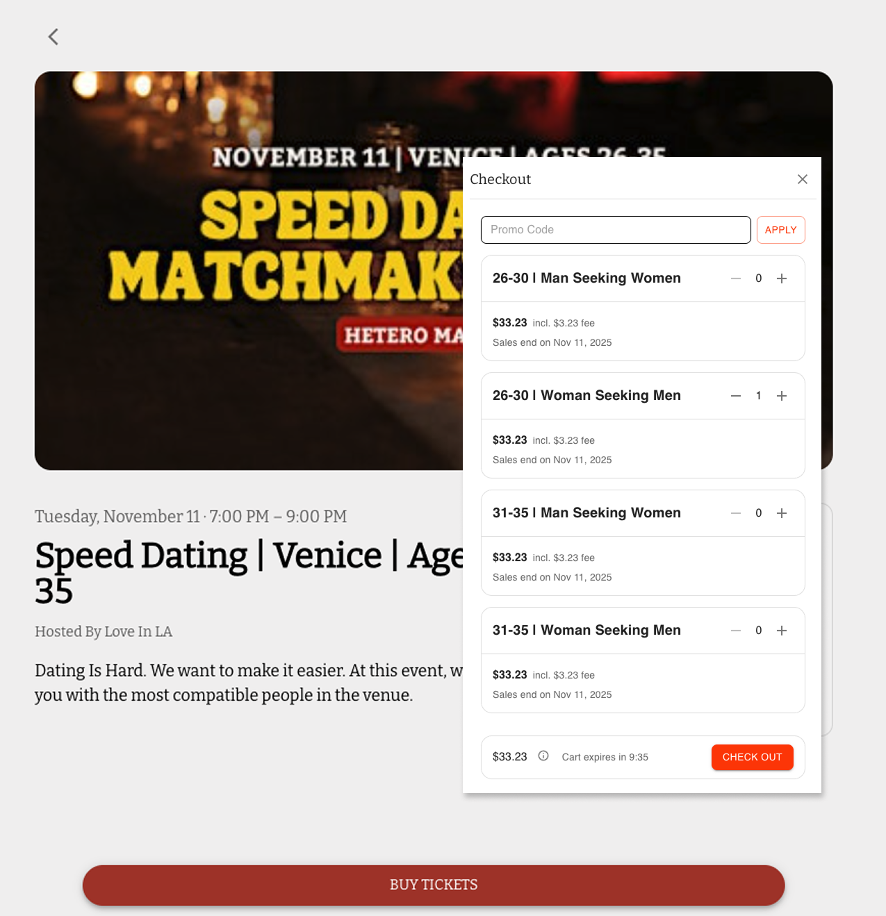 An event detail page with the TNFM checkout drawer open showing multiple ticket types and a promo code field