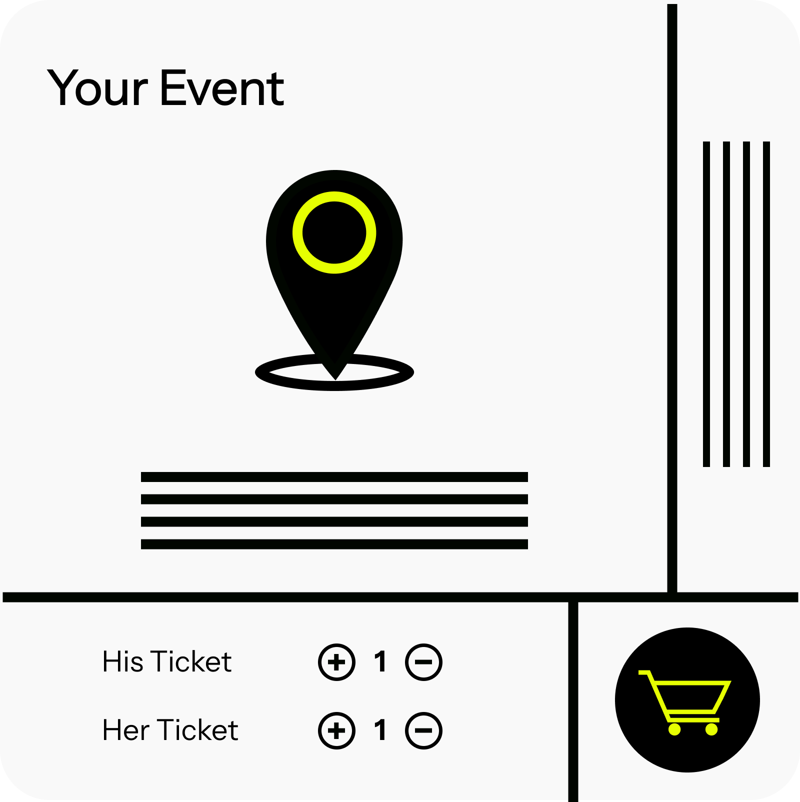 A stylized event setup showing ticket-type selectors